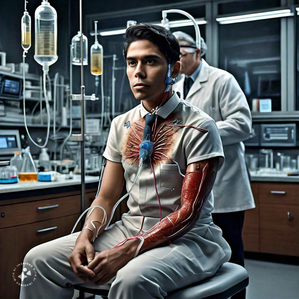  DNA double helix with a wrench or tool incorporated into the structure, symbolizing the manipulation of genetic code.
