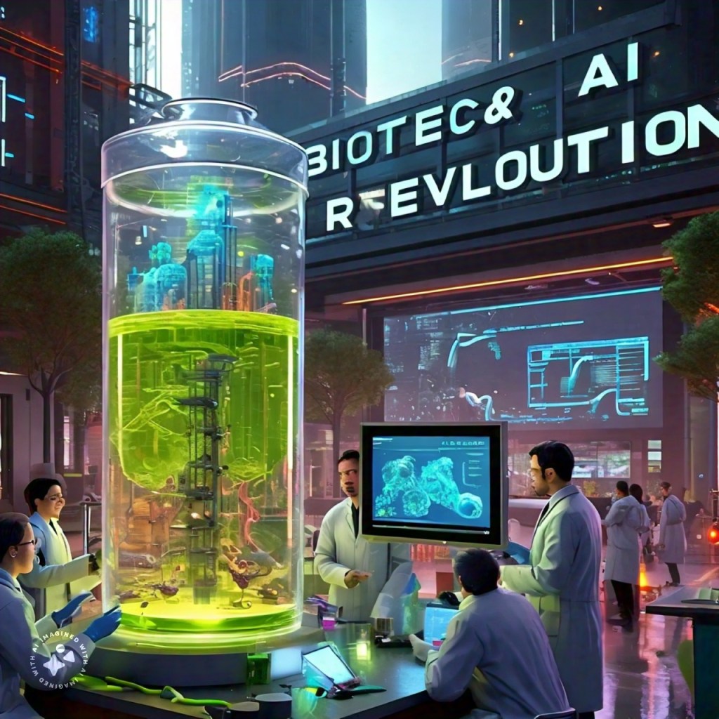  "Synthetic Biology"
Description: A scientist designing a genetic circuit on a computer screen, with AI-generated suggestions and predictions appearing in real-time. The circuit is surrounded by symbols representing DNA, proteins, and biological pathways. This image represents the potential of biotech and AI to design and optimize biological systems.