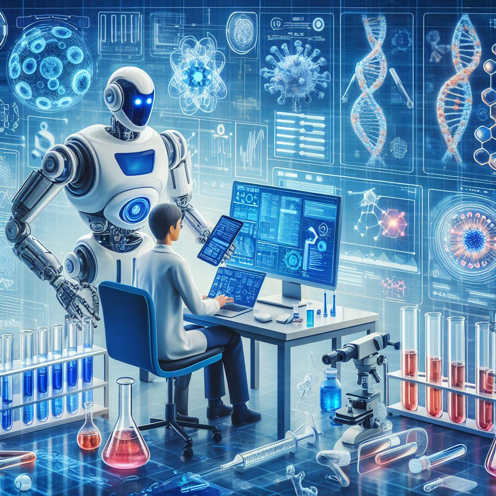  "Biotech and AI Collaboration"
Description: A scientist and a robot working together in a lab, surrounded by test tubes, microscopes, and computer screens. The robot is analyzing data on a screen, while the scientist is examining a sample under a microscope. This image represents the collaboration between humans and AI in biotech research.