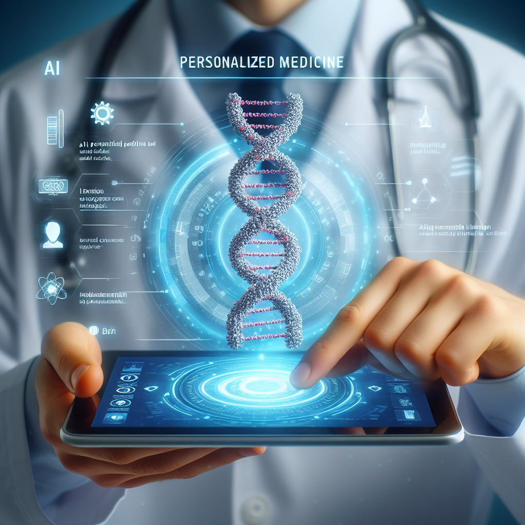 "Personalized Medicine"
Description: A person holding a tablet with a personalized 3D genome model on the screen. The model is surrounded by AI-generated data and insights, highlighting potential health risks and recommended treatments. This image illustrates how biotech and AI can lead to personalized medicine and targeted treatments.