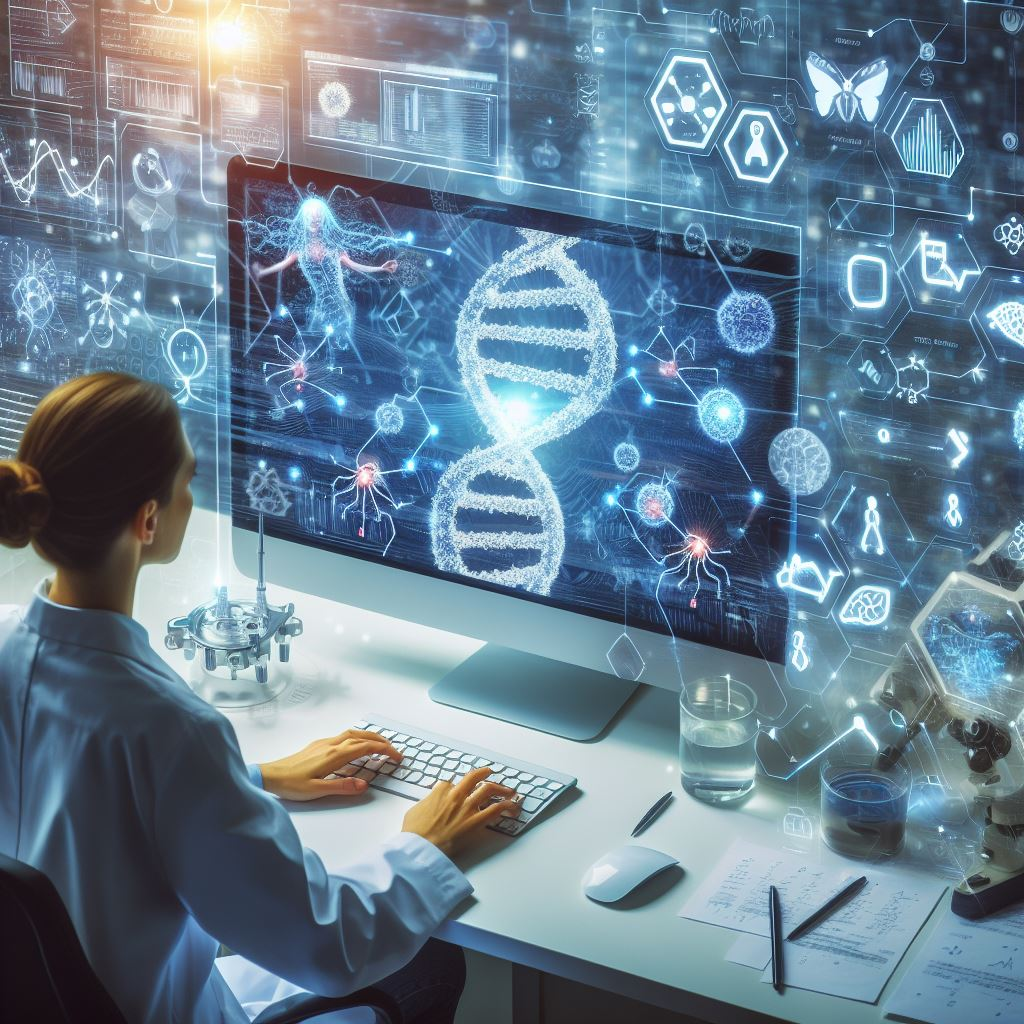 "Synthetic Biology"
Description: A scientist designing a genetic circuit on a computer screen, with AI-generated suggestions and predictions appearing in real-time. The circuit is surrounded by symbols representing DNA, proteins, and biological pathways. This image represents the potential of biotech and AI to design and optimize biological systems.