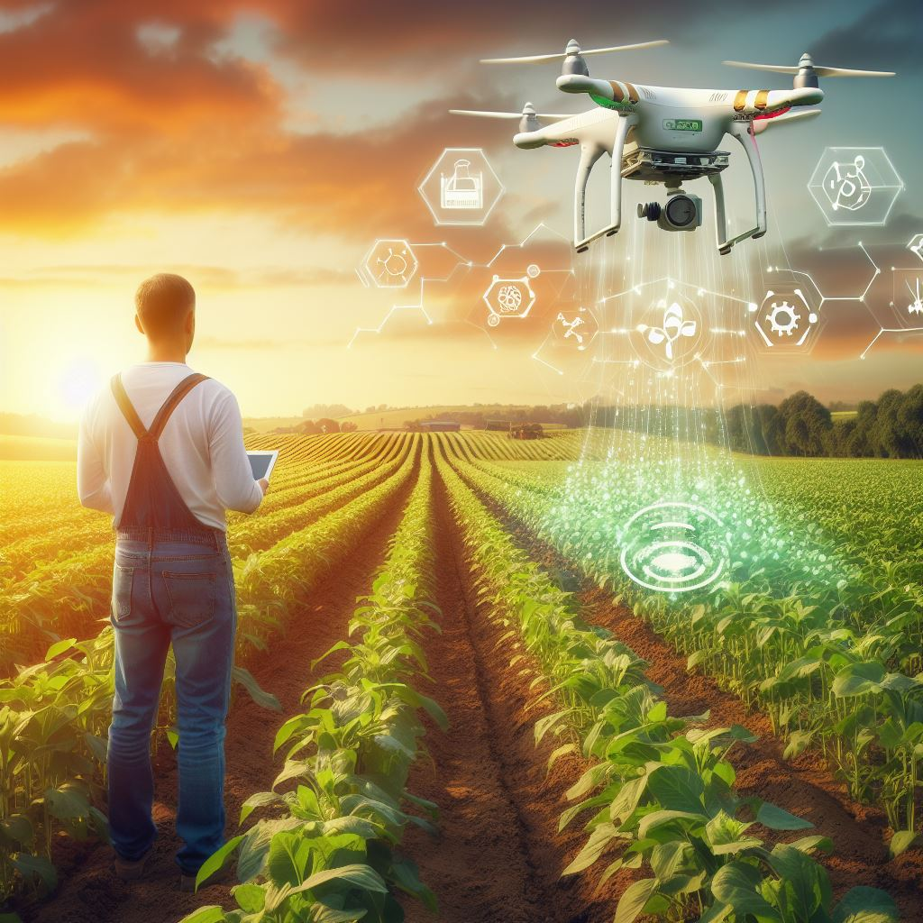 "Agricultural Biotech"
Description: A farmer standing in a field, surrounded by healthy crops and a drone flying overhead. The drone is equipped with AI-powered sensors, monitoring soil conditions, crop growth, and potential pests. This image shows how biotech and AI can optimize crop yields and disease resistance in agriculture.