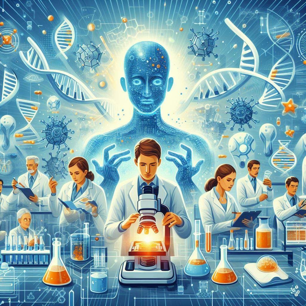 "A scientist and a robot working together in a lab, representing the collaboration between humans and AI in biotech research."