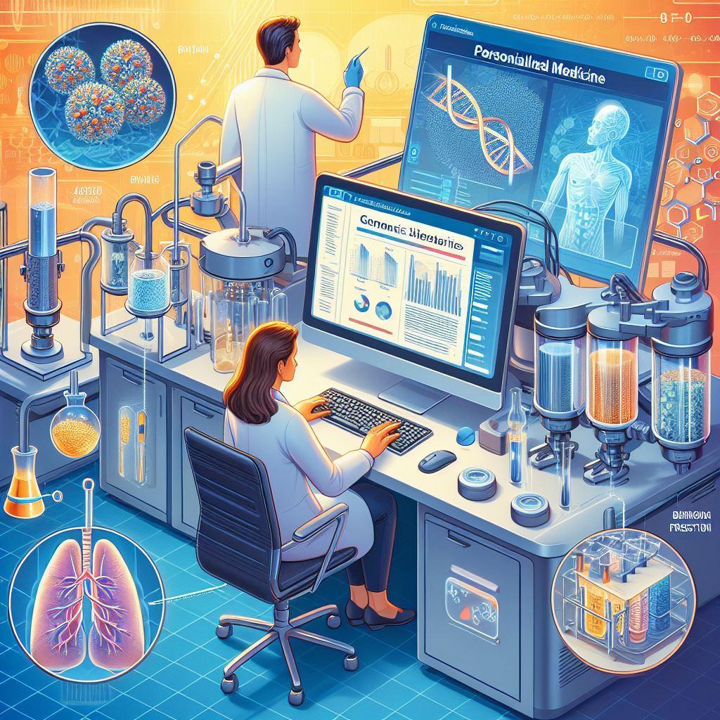 "A scientist analyzing data on a computer screen, with AI-generated insights and patterns highlighted, showcasing the power of human-AI collaboration in biotech research."