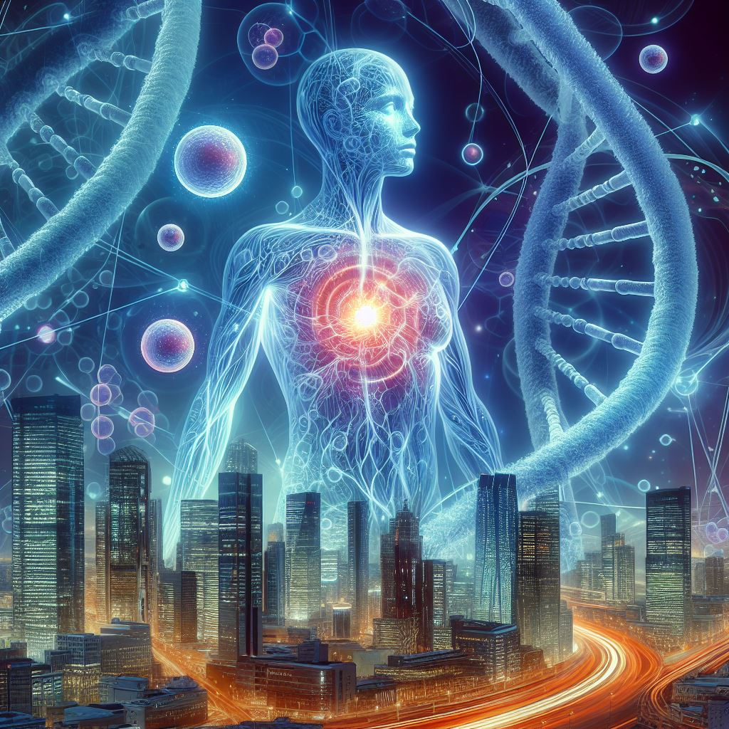 Image Description: A futuristic illustration of a human body with stem cells and DNA double helices swirling around it. The body is surrounded by a glow of light, symbolizing the revolutionary power of Bio tech and stem cells in transforming healthcare. In the background, a cityscape with sleek skyscrapers and neon lights represents the cutting-edge technology and innovation driving this medical breakthrough. The image conveys a sense of hope, renewal, and limitless possibilities.