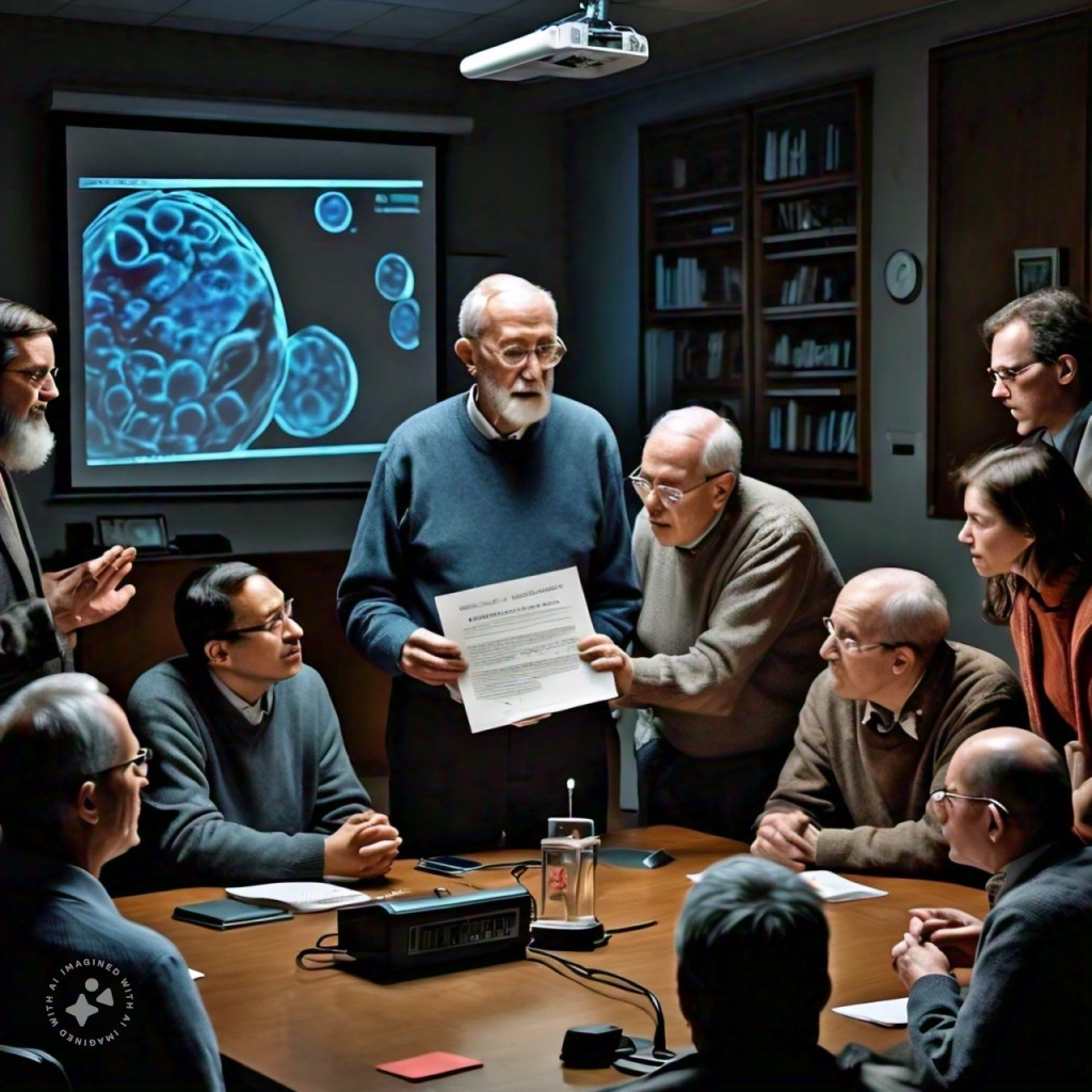 A clock or hourglass with the hands moving backward or a human lifespan graph extending far into the future, representing the ethical implications of prolonged human life.