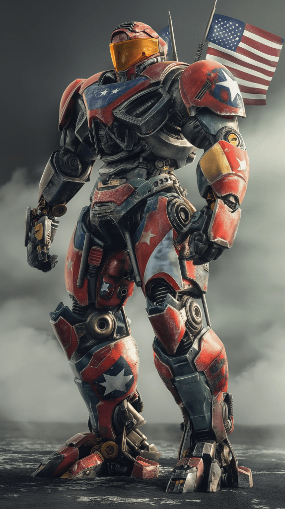 Jaegers form united state style with flag, A highly detailed, realistic designed --ar 9:16 --v 6.0