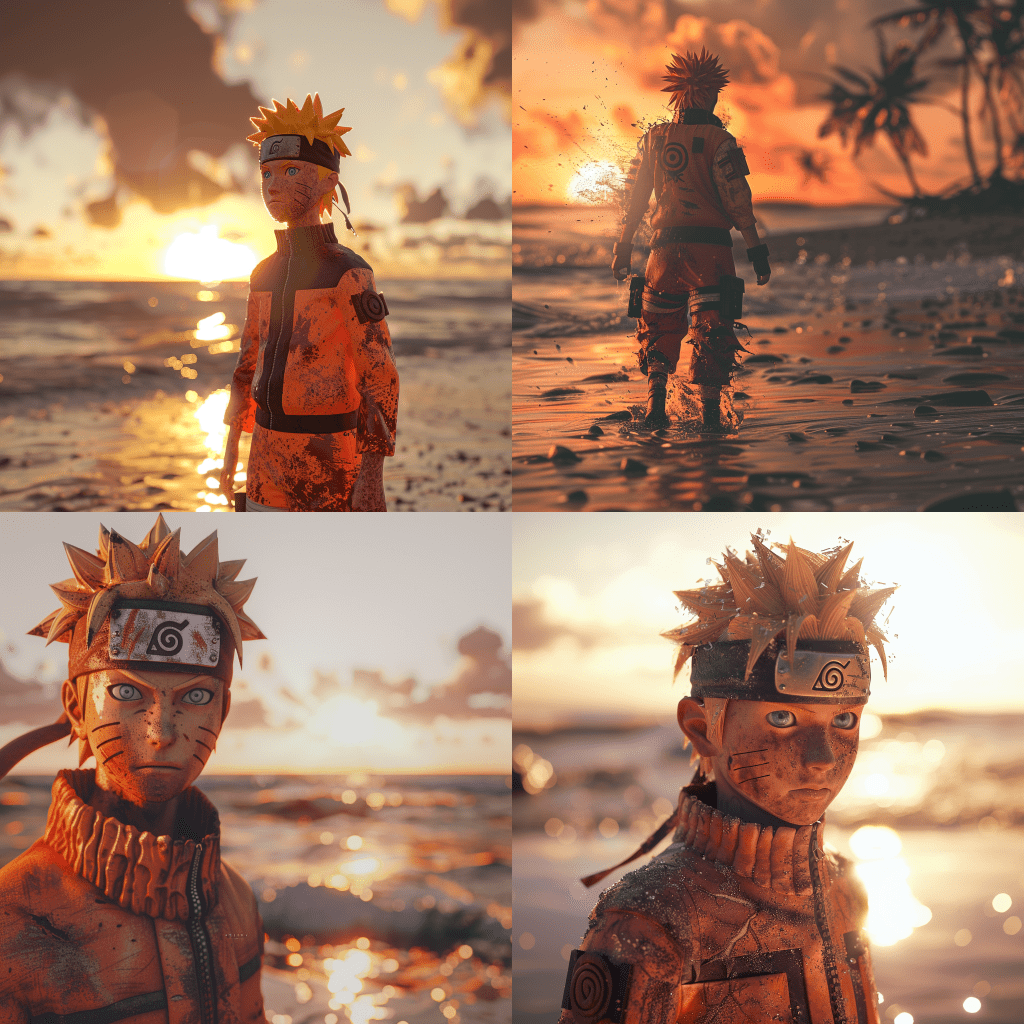 naruto,battle damaged,on the beach during sunset,a 3d render,unreal engine,Cinematic lighting,golden hour, warm tones,red, oragne,yellow,--ar16:9--styliz 300